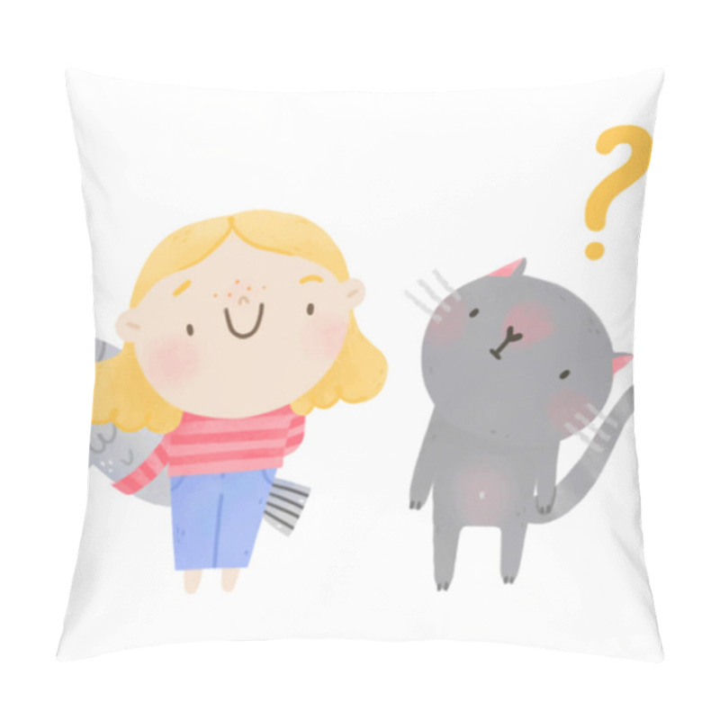 Personality  Girl Making Surprise For Grey Cat Pillow Covers