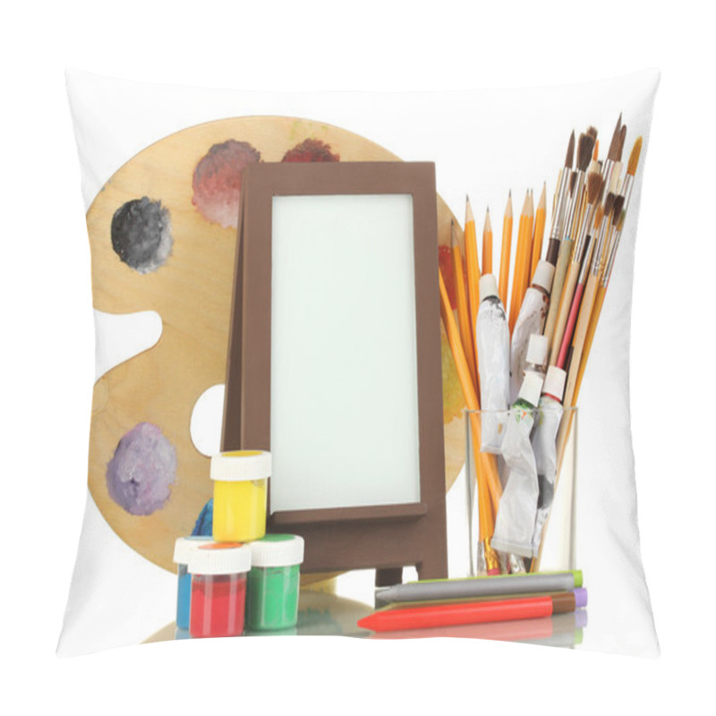 Personality  Photo Frame As Easel With Artist's Tools Isolated On White Pillow Covers