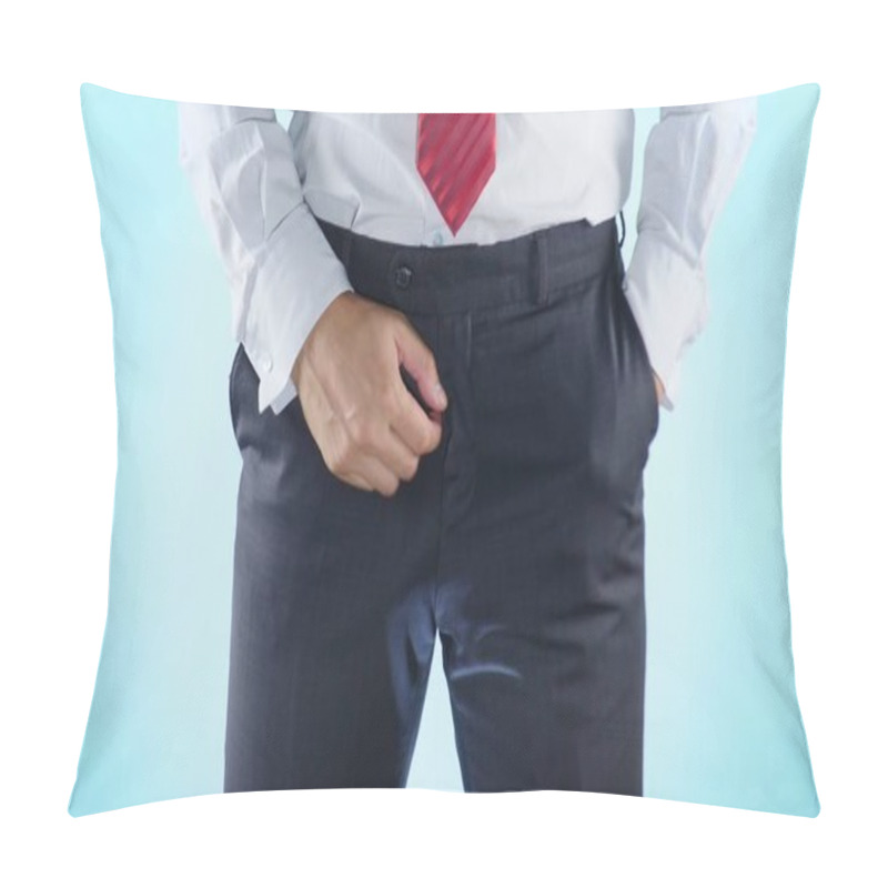 Personality  A Person Has Problems With The Genitourinary System. Businessman On A Colored Background. Close-up Pillow Covers