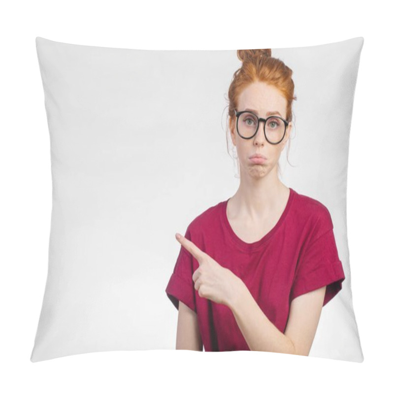 Personality  Unhappy Woman Pointing Up. Negative Emotion, Facial Expression Feeling Pillow Covers