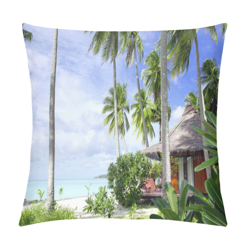 Personality  View Of Nice Bungalow On  Tropical Empty Sandy Beach With Some Palm Pillow Covers