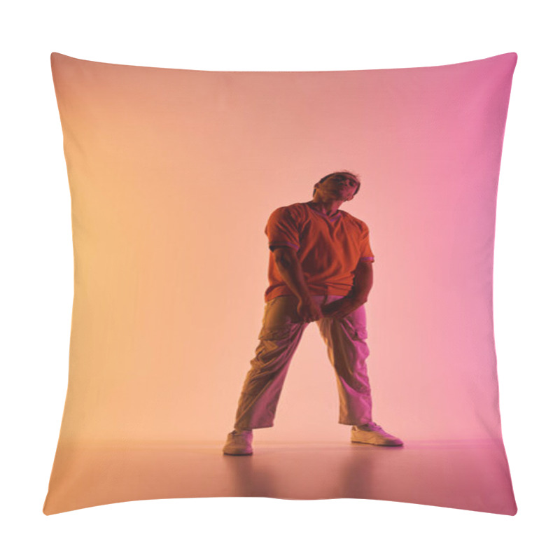 Personality  An African American Male Dancer Poses Against A Vibrant Gradient Background, Illuminated By Colorful Lighting. Pillow Covers