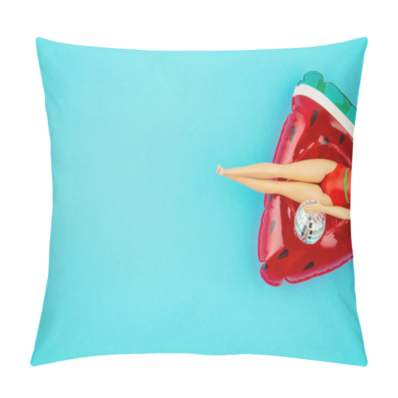 Personality  Doll In The Swimming Suit With The Inflatable Watermelon. Beach, Swimming Pool Party Concept.  Pillow Covers