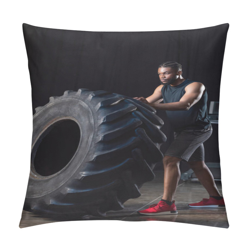 Personality  Full Length View Of Athletic African American Man Training With Tyre And Looking Away Pillow Covers