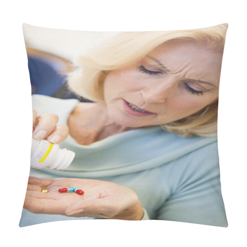 Personality  Senior Woman Pouring Pills Out Of Bottle Pillow Covers