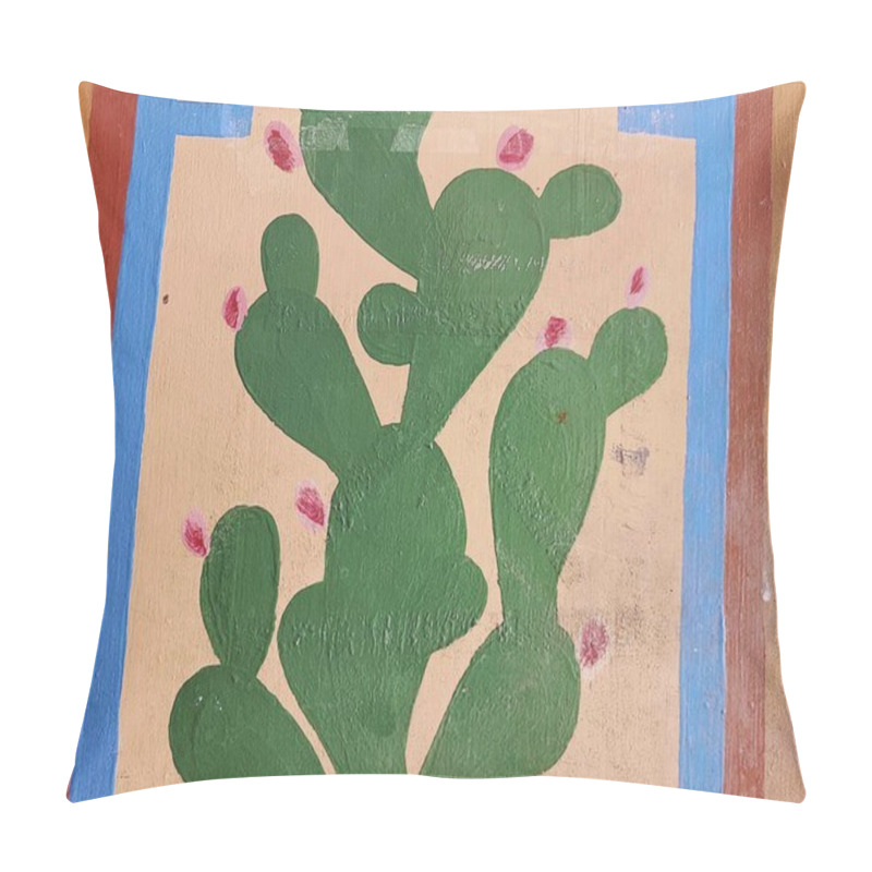 Personality  Vibrant Cactus Art With Blooming Pink Buds Against A Bold Blue Frame Captures The Essence Of Southwestern Culture, Perfect For Adding A Touch Of Desert Charm To Any Space. Pillow Covers