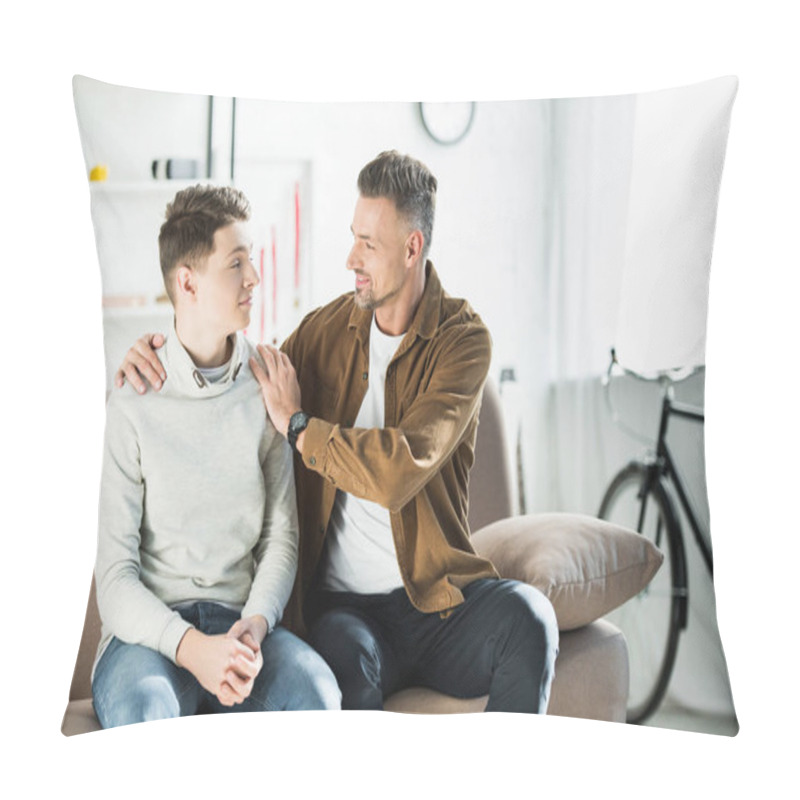 Personality  Father Hugging Teen Son On Sofa At Home Pillow Covers