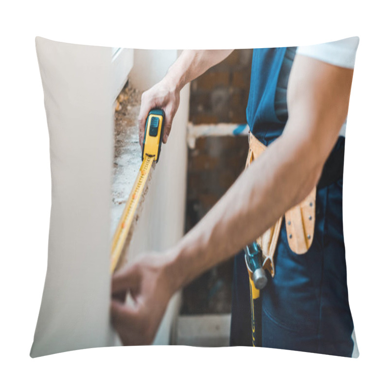 Personality  Cropped View Of Handyman Measuring Wall With Yellow Measuring Tape  Pillow Covers