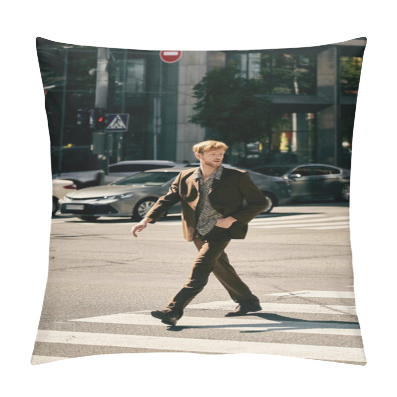 Personality  Stylish Redhead Man In Debonair Suit Walking In City Street. Pillow Covers