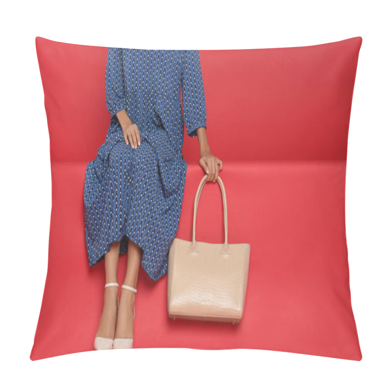 Personality  Woman With Stylish Bag On Red Background, Closeup. Space For Text Pillow Covers