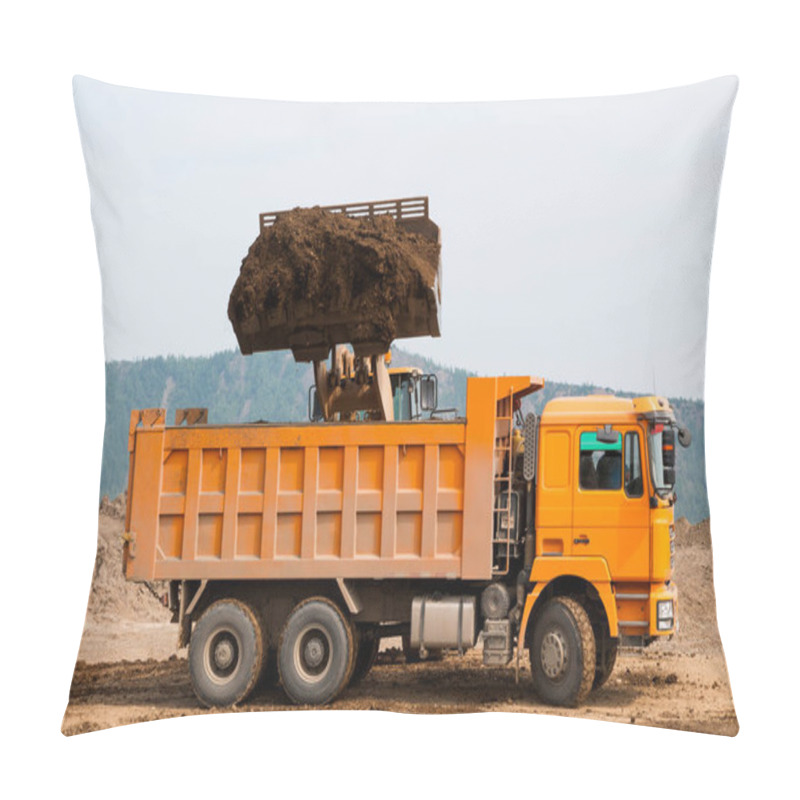 Personality  Wheel Loader Loads Clay Into The Bucket Of A Dump Truck Pillow Covers