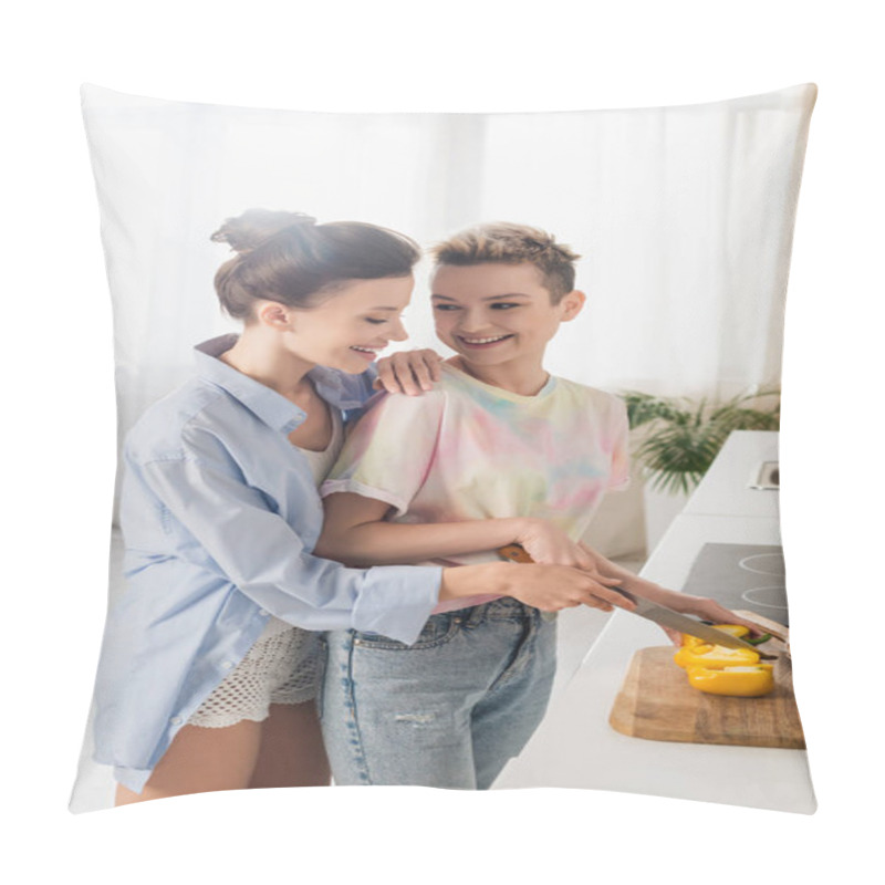 Personality  Cheerful Pangender Person Helping Partner Cutting Bell Pepper In Kitchen Pillow Covers