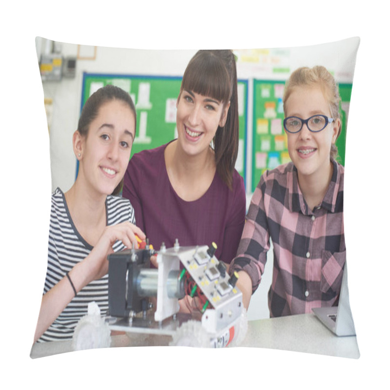 Personality  Portrait Of Teacher With Female Pupils Studying Robotics In Scie Pillow Covers