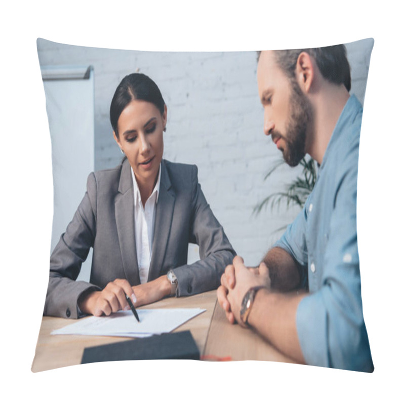 Personality  Selective Focus Of Brunette Lawyer Holding Pen Near Insurance Documents And Bearded Client  Pillow Covers