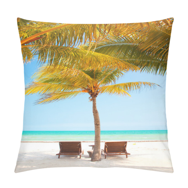 Personality  Two Chairs Under Palm Trees On Perfect Tropical Beach. Holbox, Mexico Pillow Covers