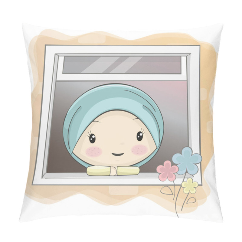 Personality  A Cute Muslim Girl Cartoon Starring Through The Window Pillow Covers