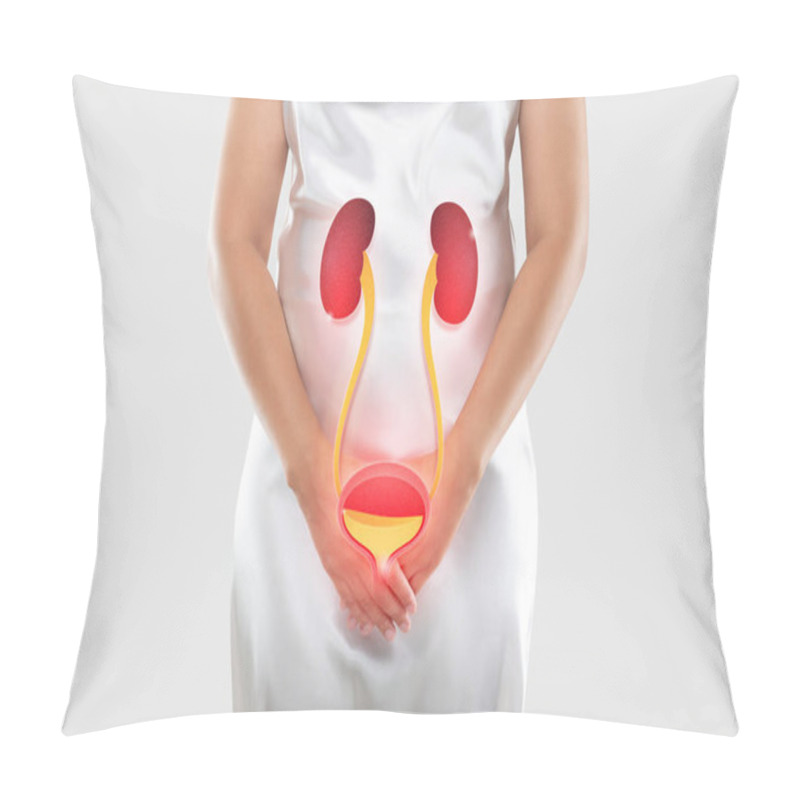 Personality  Women Having Urethritis And Urinary Incontinence. Female With Hands Holding Her Crotch Pillow Covers