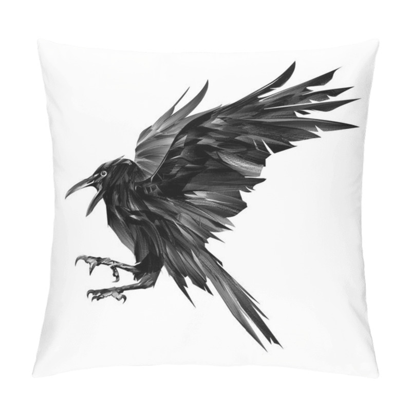 Personality  Drawn Black Raven In Flight On A White Background Pillow Covers