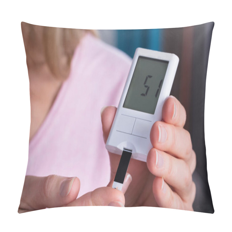 Personality  Woman Hands Testing High Blood Sugar With Glucometer Pillow Covers