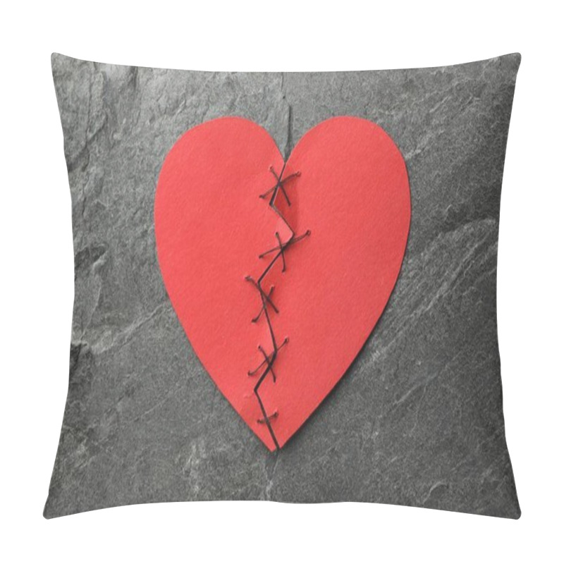 Personality  Broken Heart. Torn Red Paper Heart Sewed With Thread On Dark Grey Table, Top View Pillow Covers