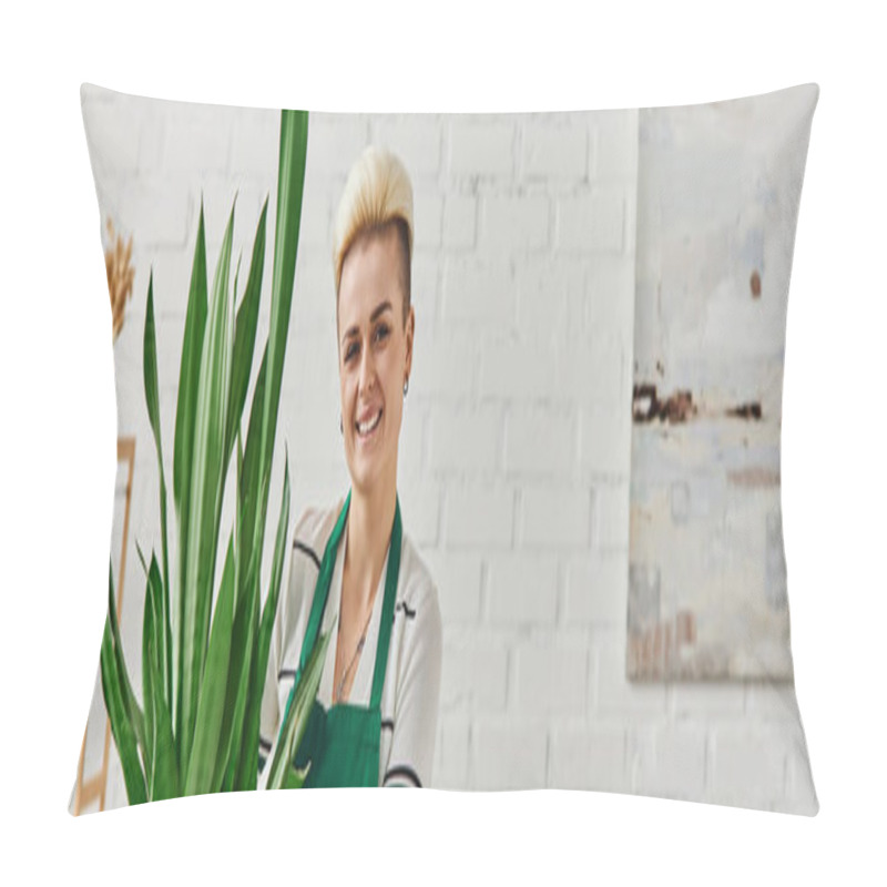 Personality  Plant Lover, Young And Cheerful Woman With Trendy Hairstyle Looking At Camera Near Green And Natural Tropical Plant In Living Room, Sustainable Home Decor And Green Living Concept, Banner Pillow Covers