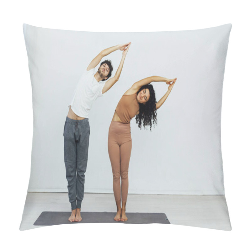 Personality  Man And Woman Doing Exercises Yoga Asana Fitness Gymnastics Pillow Covers