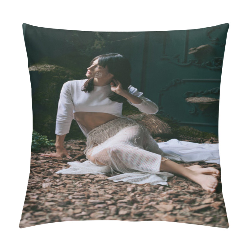 Personality  A Woman Poses In An Ethereal White Dress, Creating A Stark Contrast. Pillow Covers