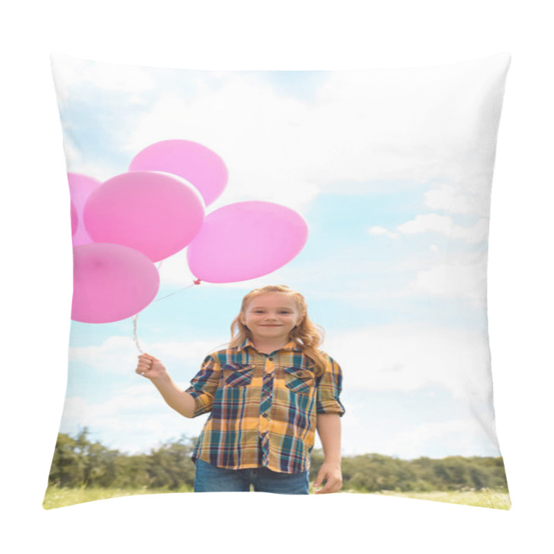 Personality  Portrait Of Cute Child With Pink Balloons In Summer Field With Blue Cloudy Sky On Background Pillow Covers