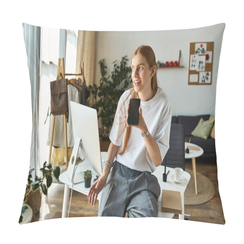 Personality  A Young Man Engages In A Lively Chat While Surrounded By Comfortable Furnishings And Plants. Pillow Covers