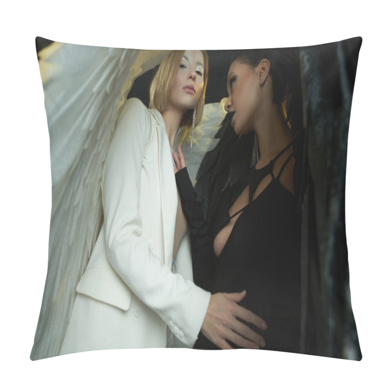 Personality  Low Angel View Of Women In Costumes Of Devil And Angel On Black, Good Vs Evil Biblical Conflict Pillow Covers