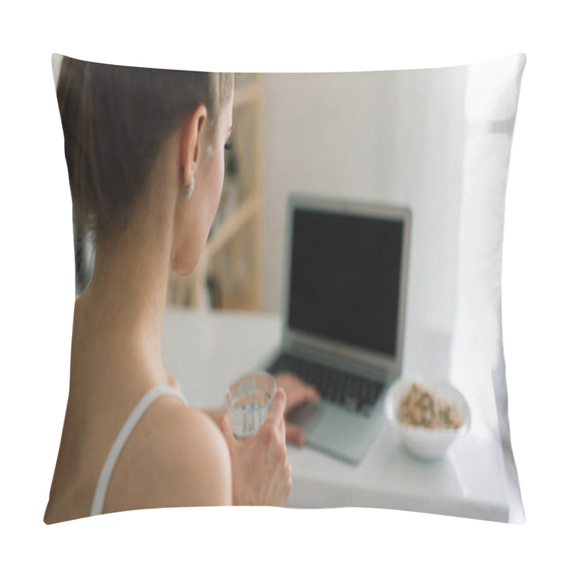 Personality  Beautiful Blond Female Studying And Working In A Bed With Her Laptop Pillow Covers