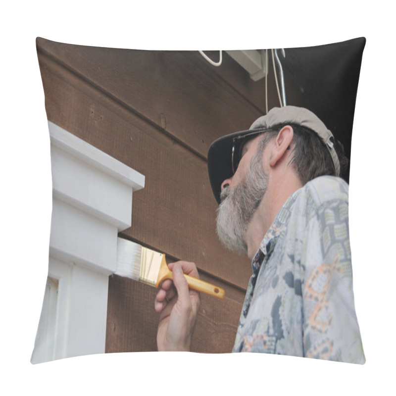 Personality  A Senior Man Painting The Doorway With White Paint Pillow Covers