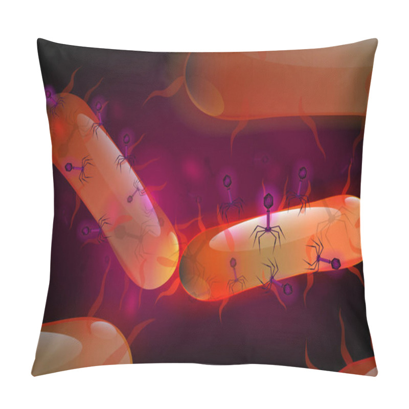 Personality  Bacteriophage Attacking Cell Culture Background With Spikes, DNA, Tail. Bacteria, Virus. Microbiological 3d Realistic Scientific Vector Illustration. Pillow Covers