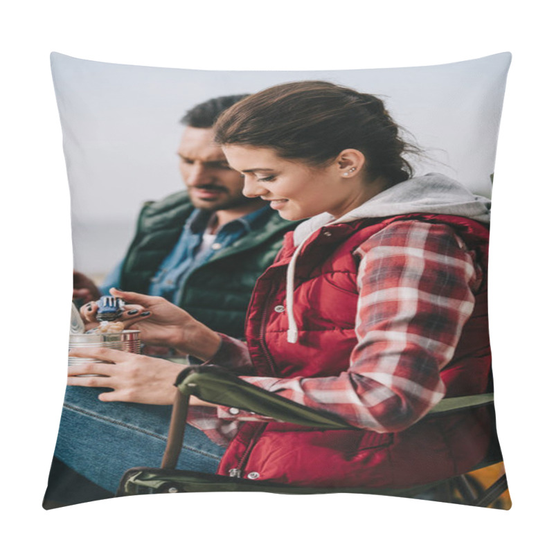 Personality  Couple Eating Food From Cans While Having Camping Pillow Covers