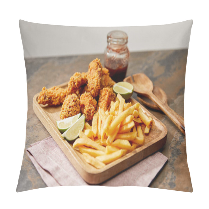 Personality  Wooden Board With Delicious Chicken Nuggets, French Fries And Lime On Stone Surface Isolated On Grey Pillow Covers