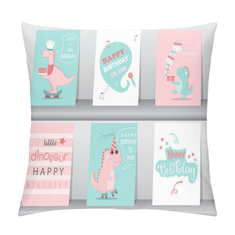 Personality  Set Of Cute  Birthday Cards,poster,template,greeting Cards,animals,dinosaurs,Vector Illustrations. Pillow Covers