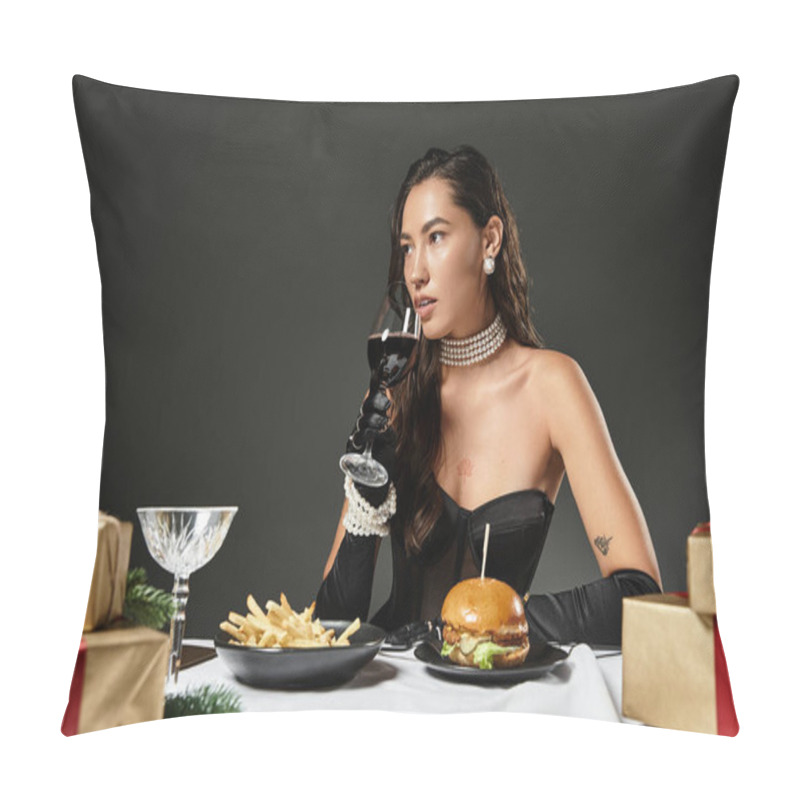 Personality  A Young Woman In Chic Attire Savors A Gourmet Burger And Wine Amid Holiday Gifts. Pillow Covers