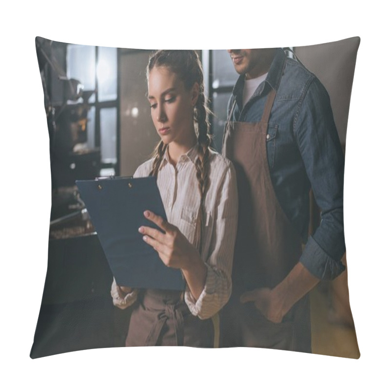 Personality  Partial View Of Coffee Shop Workers Checking Coffee Beans Roasting Process Together Pillow Covers