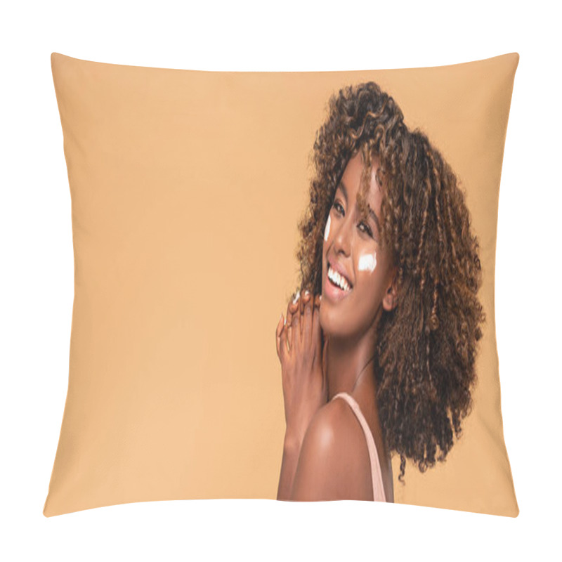 Personality  Young Afro Woman With Moisturizer On Face. Beauty Girl With Perfect And Healthy Skin. Pillow Covers