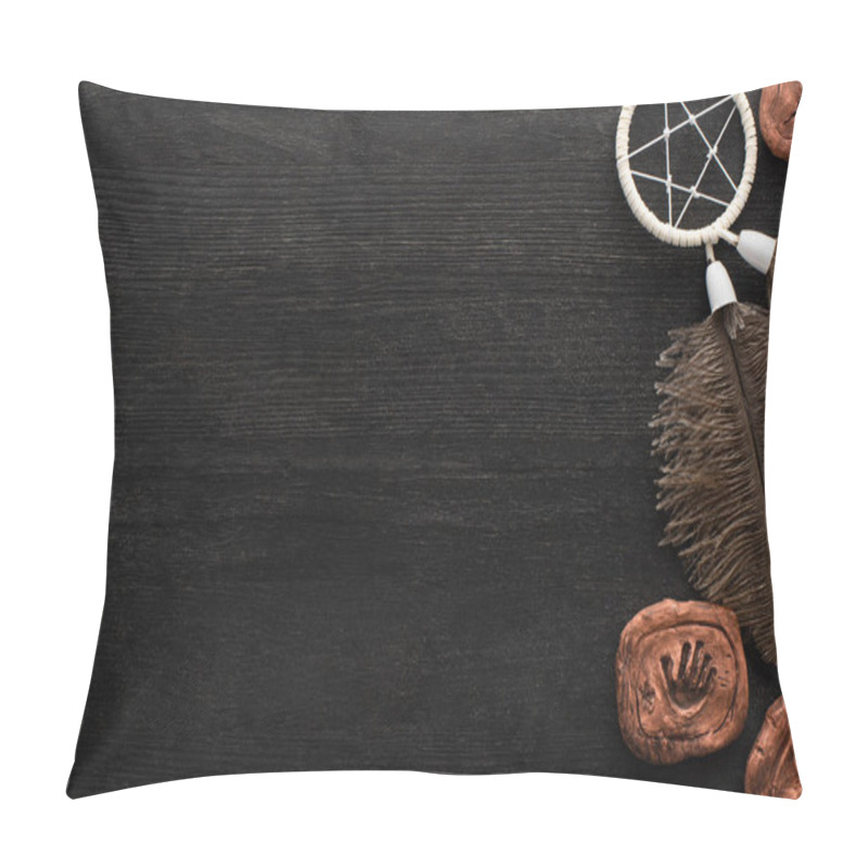 Personality  Top View Of Clay Amulets And Shamanic Dreamcatcher On Dark Wooden Surface Pillow Covers