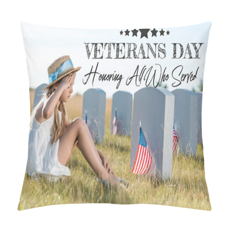 Personality  Kid In Straw Hat Giving Salute While Sitting Near Headstones With American Flags With Veterans Day, Honoring All Who Served Illustration Pillow Covers