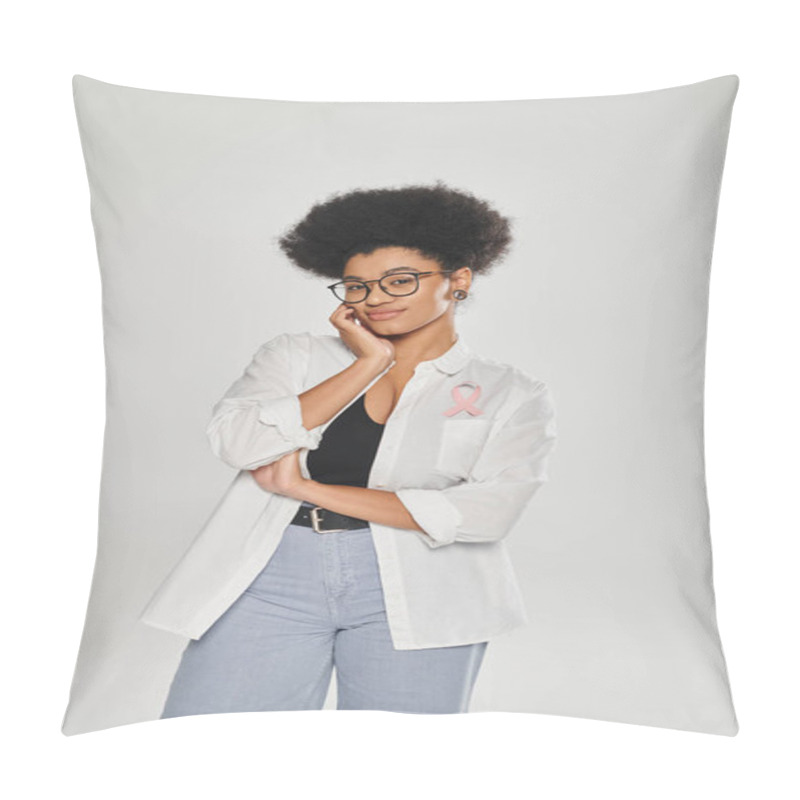 Personality  Smiling African American Woman With Pink Ribbon Standing Isolated On Grey, Breast Cancer Month Pillow Covers