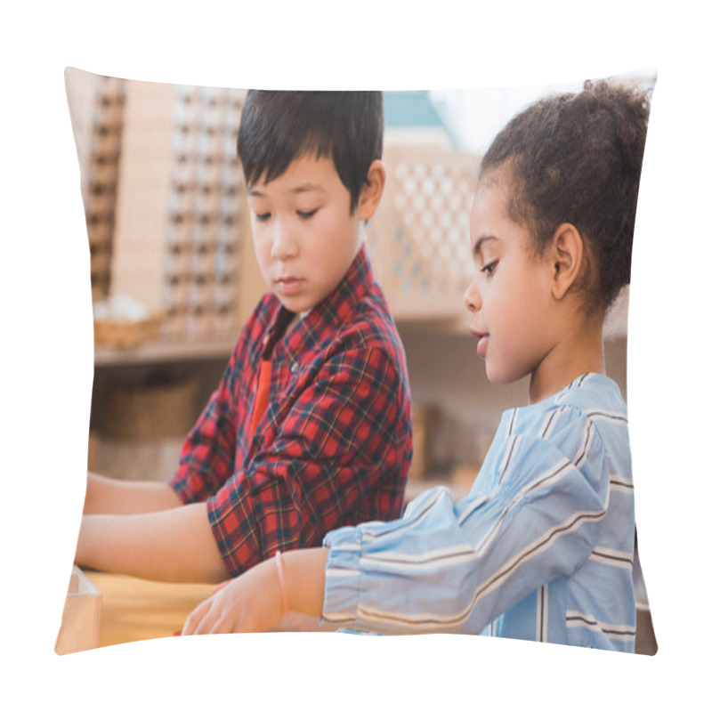 Personality  Side View Of Kids Playing Educational Game During Lesson In Montessori School Pillow Covers