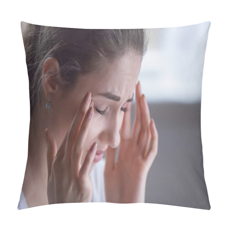 Personality  Close Up Of Exhausted Female Suffering From Headache  Pillow Covers