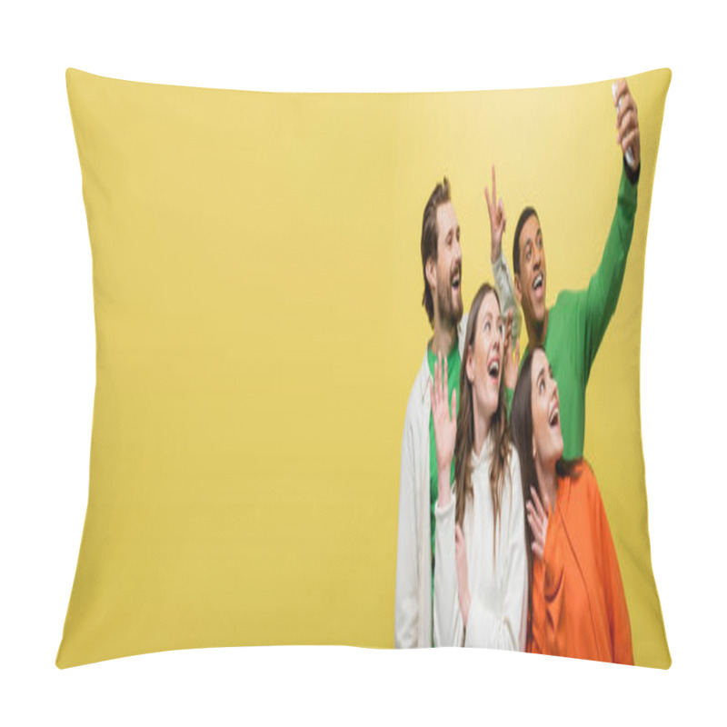 Personality  Positive Interracial Friends Gesturing While Having Video Chat Isolated On Yellow, Banner  Pillow Covers