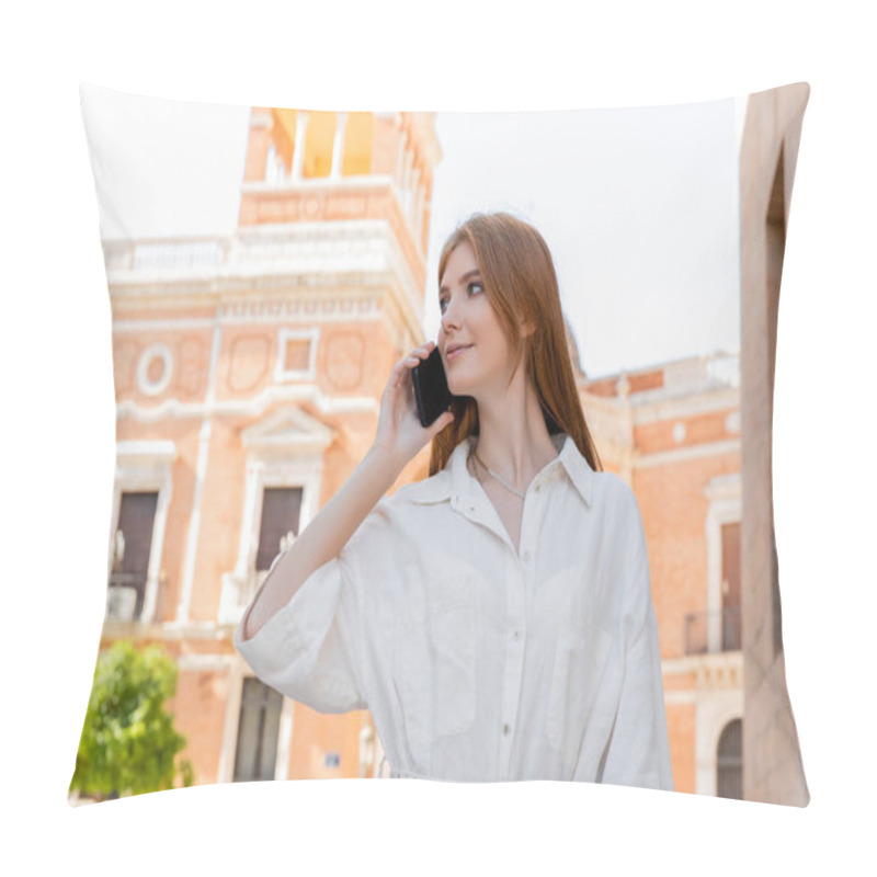 Personality  Young Redhead Woman Smiling While Having Phone Call Near Valencia Cathedral Pillow Covers