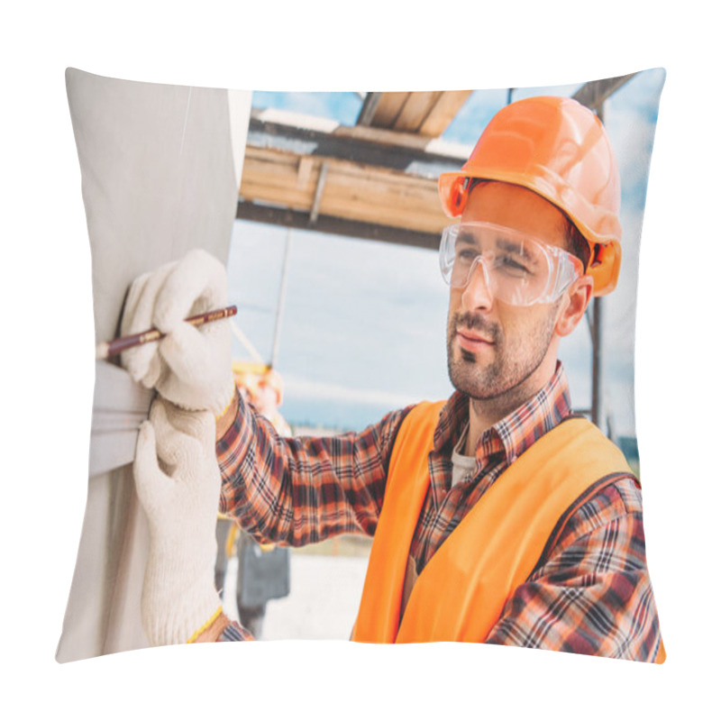 Personality  Close-up Shot Of Smiling Builder Using Bubble Level At Construction Site Pillow Covers