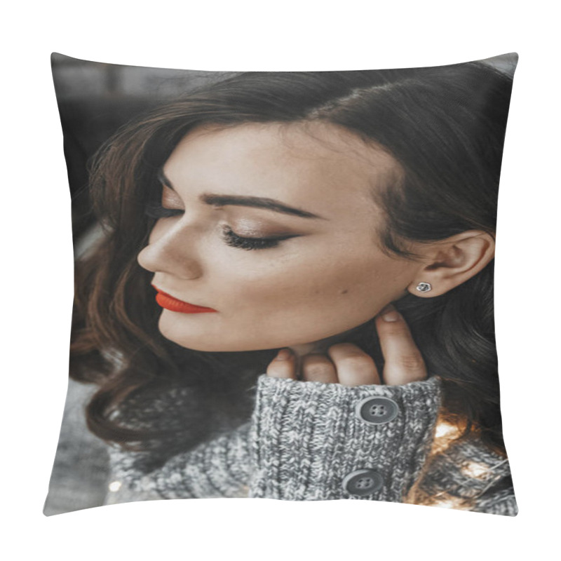 Personality  Portrait Of A Woman With Her Eyes Closed. Pillow Covers