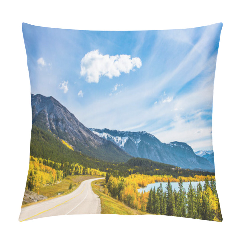 Personality  The First Snow Has Already Fallen On The Peaks Of Canadian Rockies. Asphalt Highway Leads To Abraham Lake. The Yellow Foliage Of Birches And Aspens Is Mixed With Green Conifers. Pillow Covers