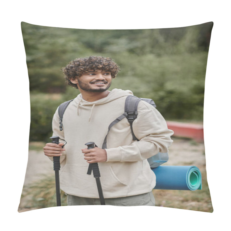 Personality  Cropped View Of Tourist Holding Trekking Pole On Path In Forest, Travel And Adventure Concept Pillow Covers